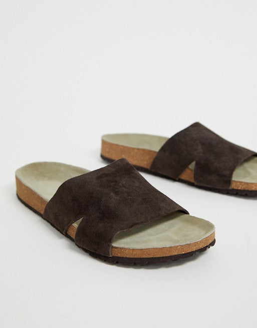 Slider Sandals in Brown Suede