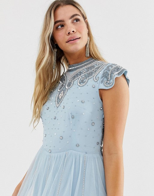 Frock And Frill High Neck Mini Dress in Soft Blue