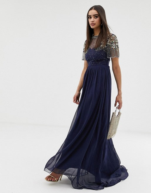 Virgos Lounge Sheer Embellished Flutter Sleeve Maxi Dress in Navy
