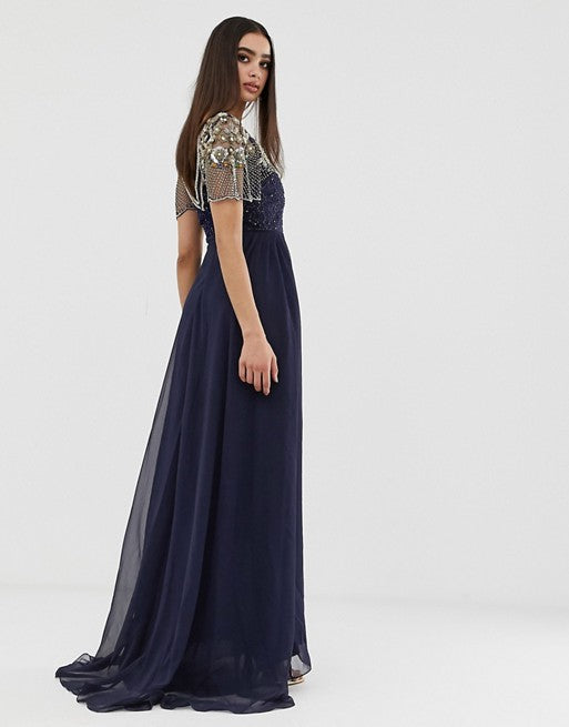 Virgos Lounge Sheer Embellished Flutter Sleeve Maxi Dress in Navy