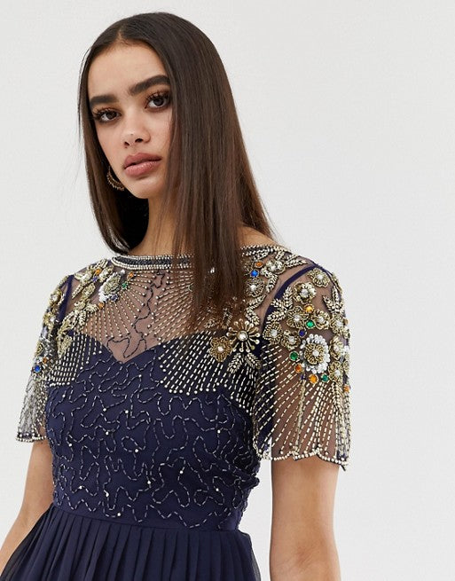 Virgos Lounge Sheer Embellished Flutter Sleeve Maxi Dress in Navy