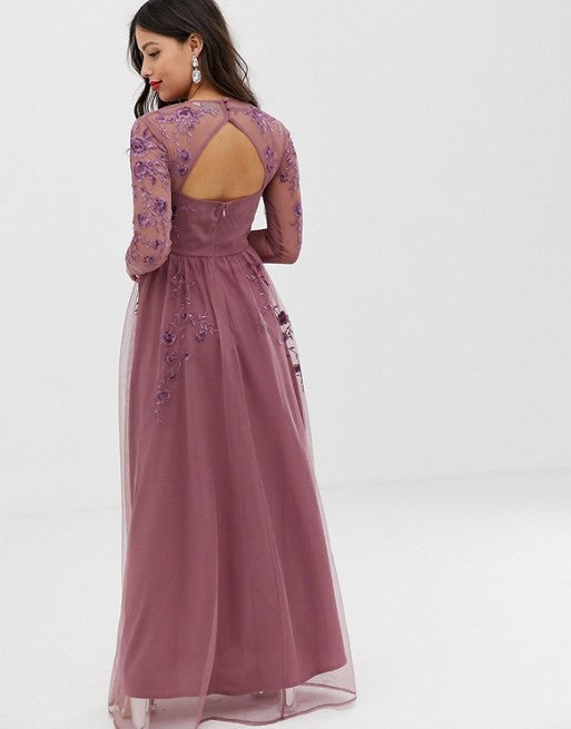 Petite Long Sleeve Maxi Dress in Embroidered Mesh