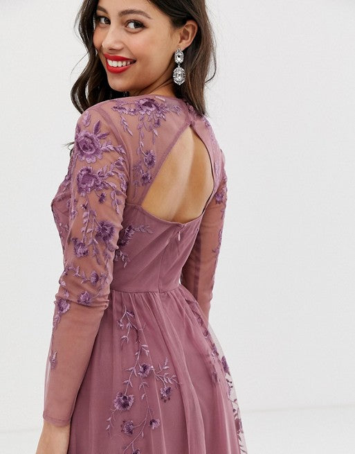 Petite Long Sleeve Maxi Dress in Embroidered Mesh