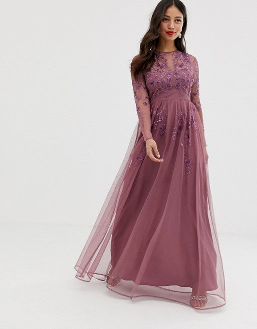 Petite Long Sleeve Maxi Dress in Embroidered Mesh