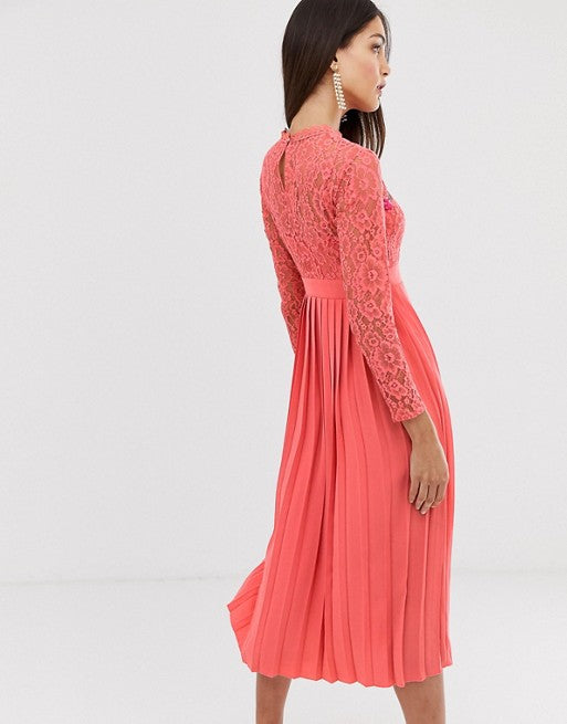 Little Mistress Lace Embroidered Top Midaxi Skater Dress in Orange