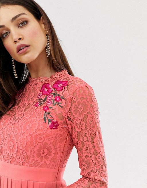 Little Mistress Lace Embroidered Top Midaxi Skater Dress in Orange