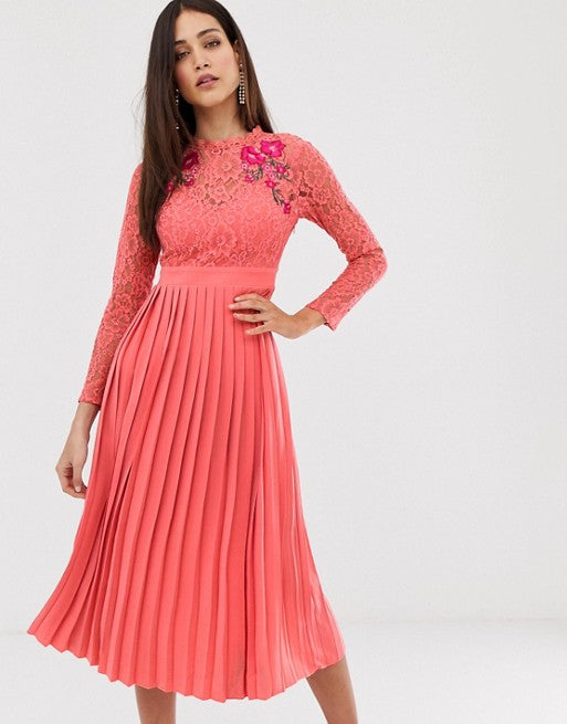 Little Mistress Lace Embroidered Top Midaxi Skater Dress in Orange