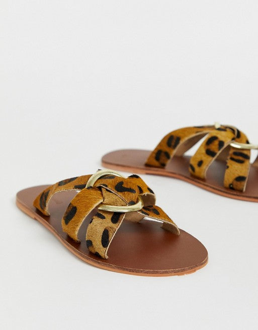 Warehouse Leather Sandals With Ring Detail in Leopard Print