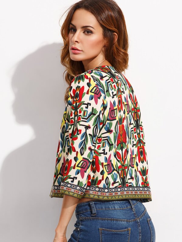 Tribal Print Embroidered Tape Detail Outerwear