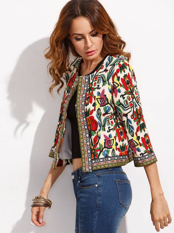 Tribal Print Embroidered Tape Detail Outerwear