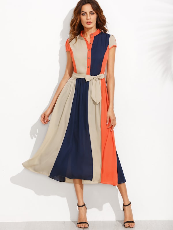 Color Block Bow Tie Waist Buttons Shirtwaist Dress