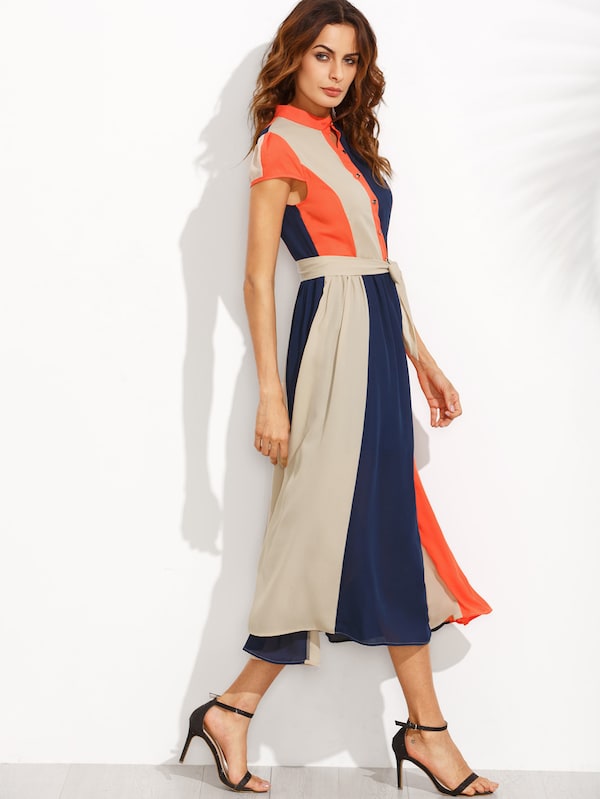 Color Block Bow Tie Waist Buttons Shirtwaist Dress