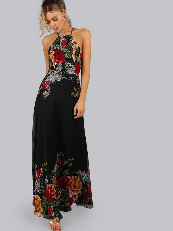 Black Flower Print Halter Neck Open Back Maxi Dress