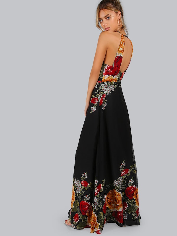 Black Flower Print Halter Neck Open Back Maxi Dress