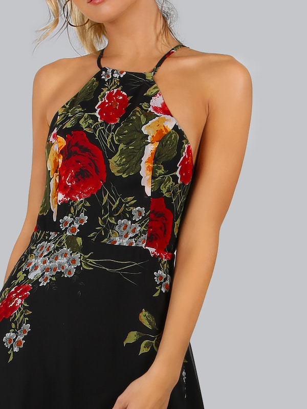 Black Flower Print Halter Neck Open Back Maxi Dress