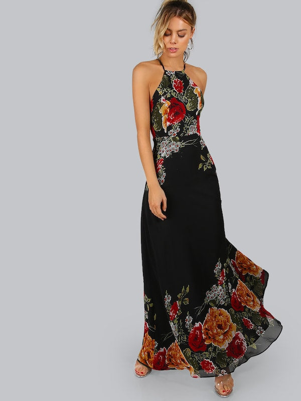 Black Flower Print Halter Neck Open Back Maxi Dress