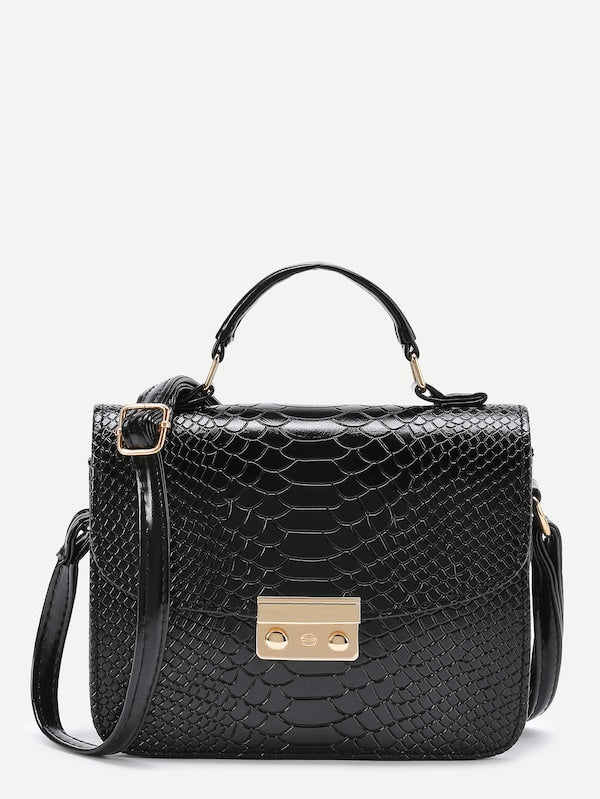 Metal Detail Snakeskin Print Black Shoulder Bag