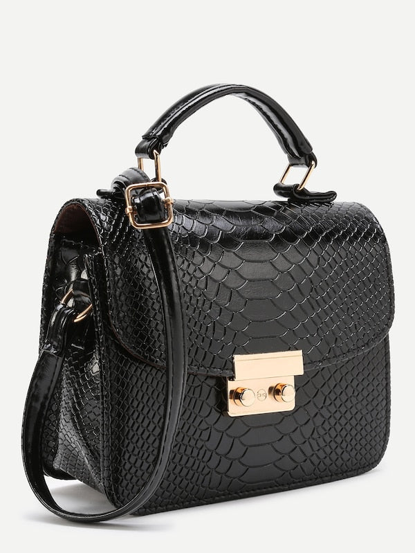 Metal Detail Snakeskin Print Black Shoulder Bag