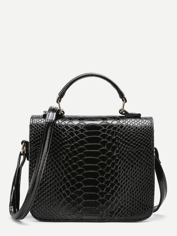 Metal Detail Snakeskin Print Black Shoulder Bag