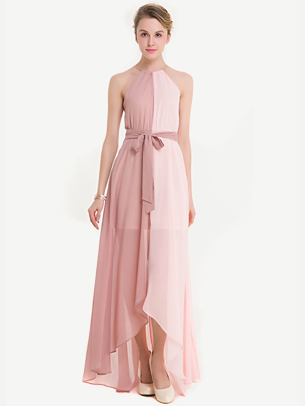 Spliced Two Tone Belted Halter Chiffon Dress