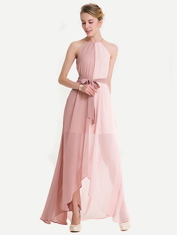 Spliced Two Tone Belted Halter Chiffon Dress