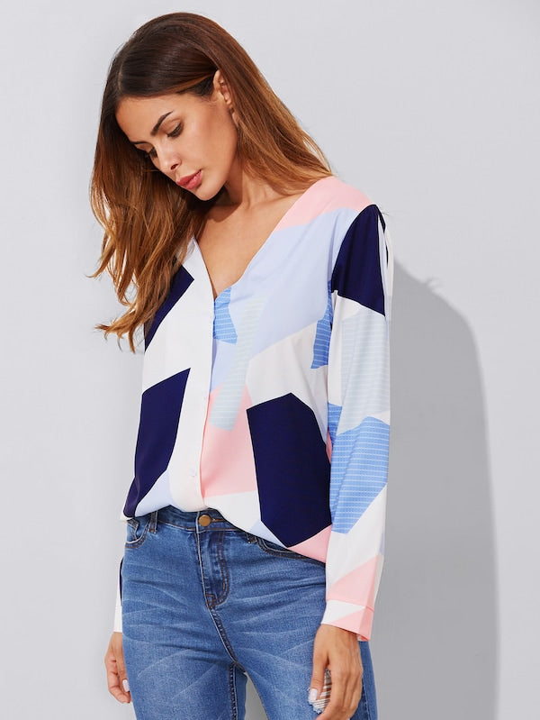 V Neckline Colorblock Blouse