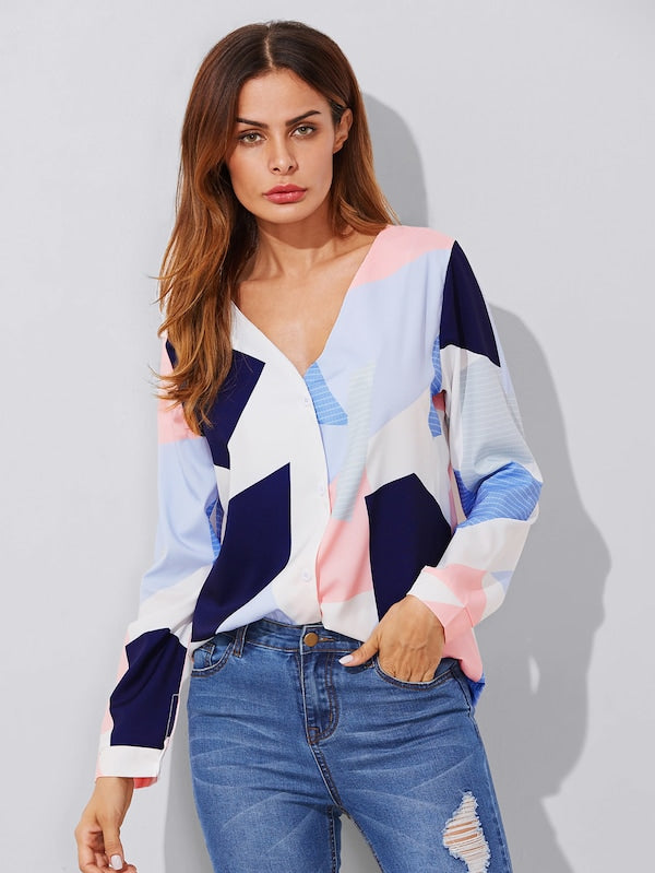 V Neckline Colorblock Blouse