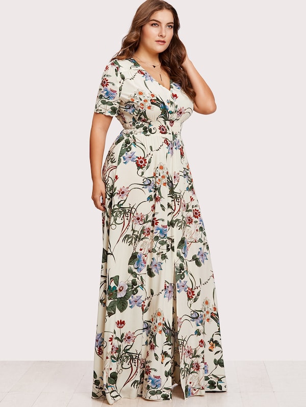 Plus Size Slit Button Up Front Floral Dress