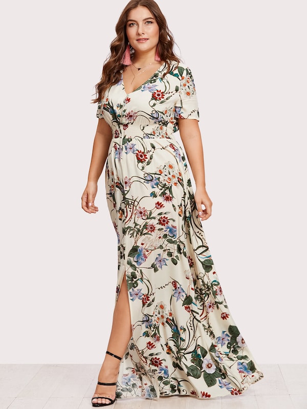 Plus Size Slit Button Up Front Floral Dress