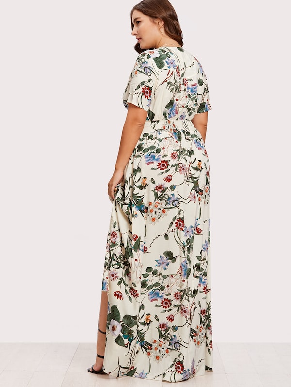 Plus Size Slit Button Up Front Floral Dress
