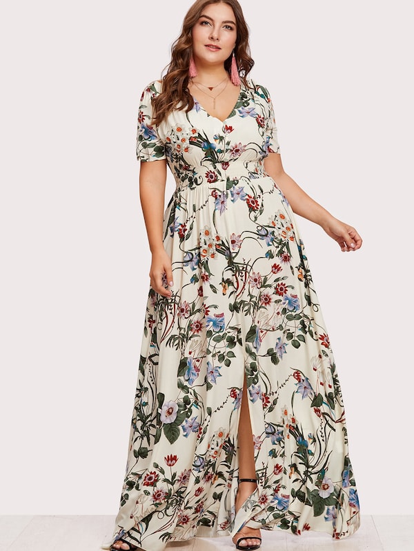 Plus Size Slit Button Up Front Floral Dress