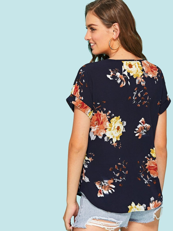 Roll Up Sleeve Floral Top