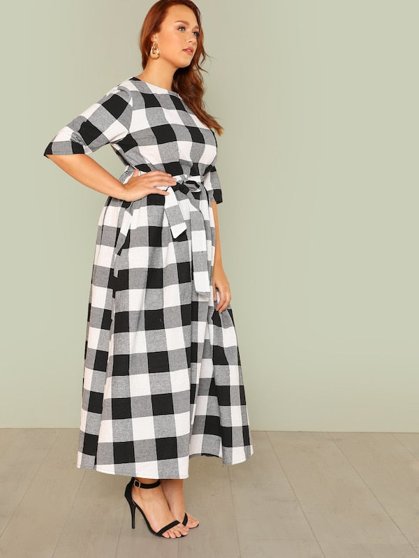 Plus Size Self Belted Gingham Dress