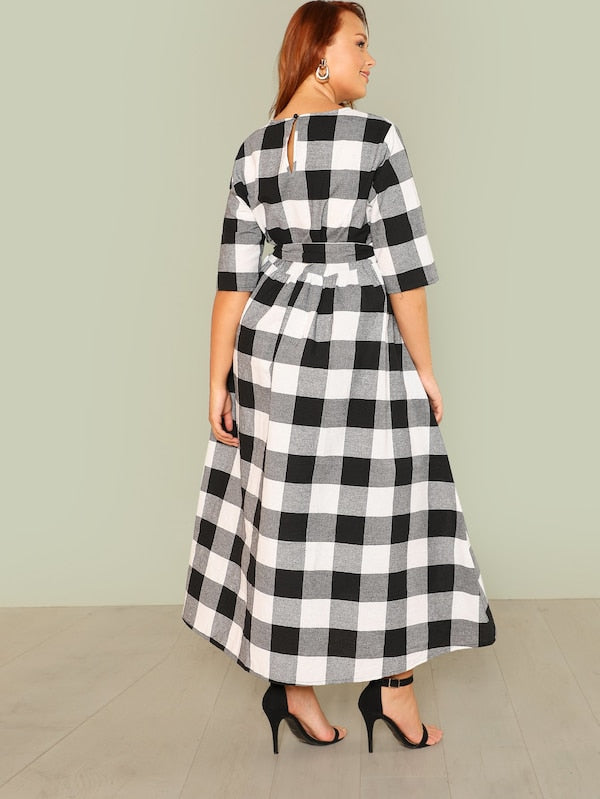 Plus Size Self Belted Gingham Dress