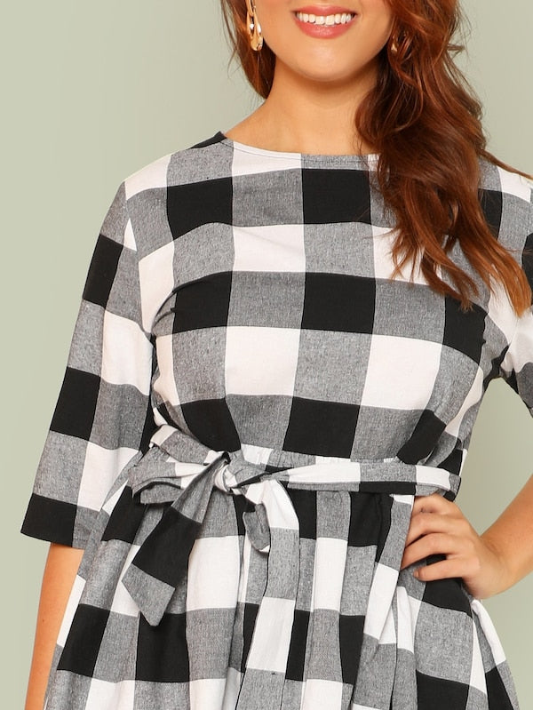 Plus Size Self Belted Gingham Dress