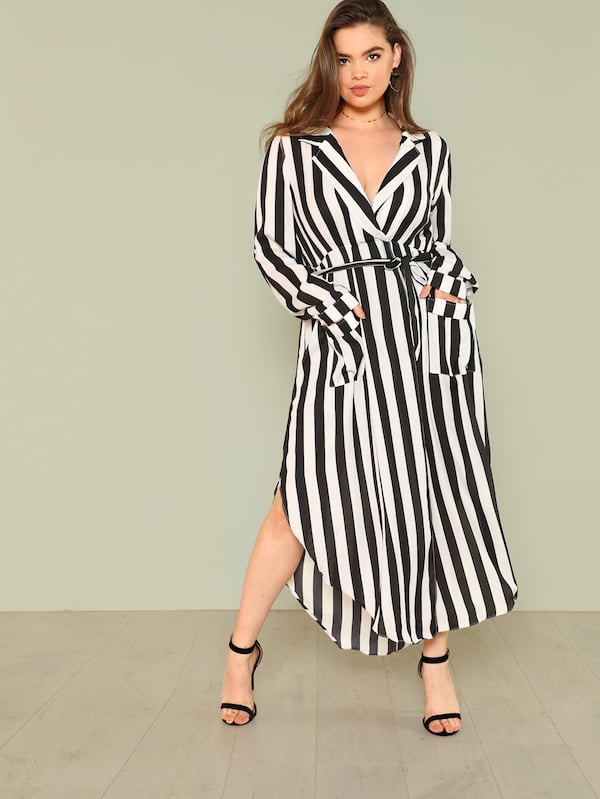Plus Size V Cut Neck Tie Waist Split Side Striped Dress