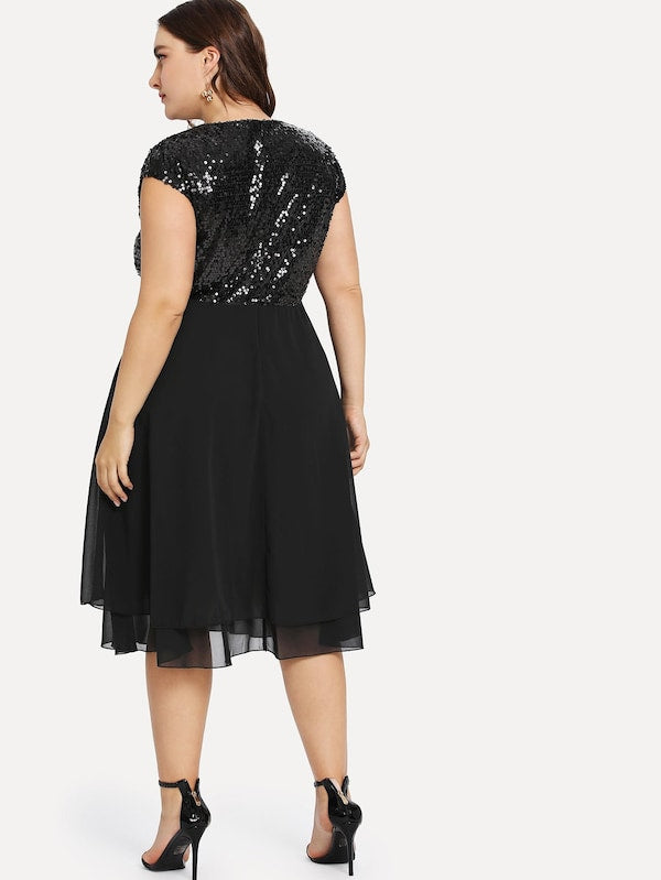Plus Size Sequin Bodice Cap Sleeve Dress