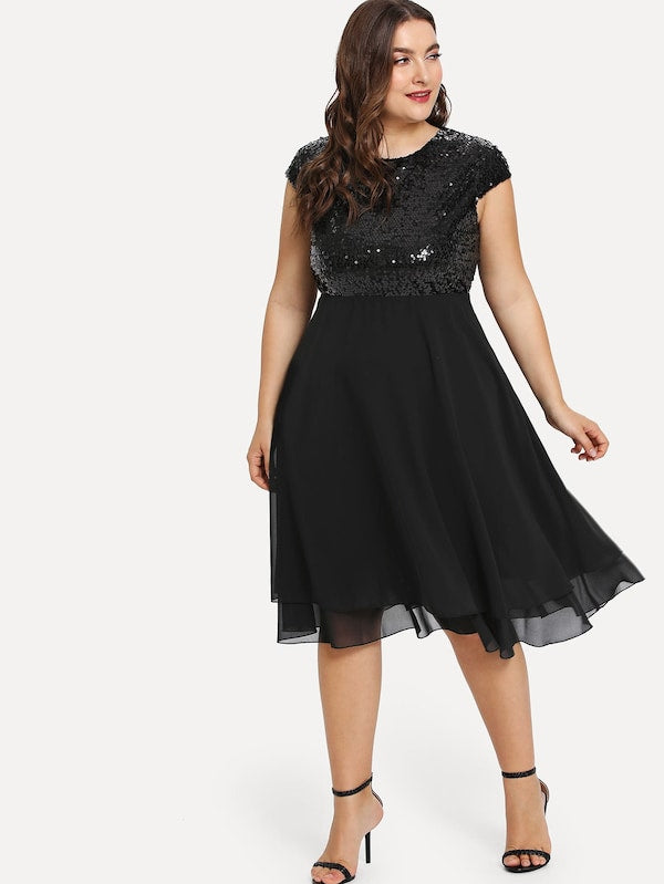 Plus Size Sequin Bodice Cap Sleeve Dress