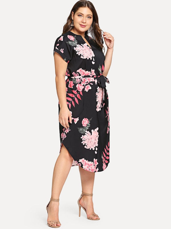 Plus Size Self Tie Waist Curved Hem Dress