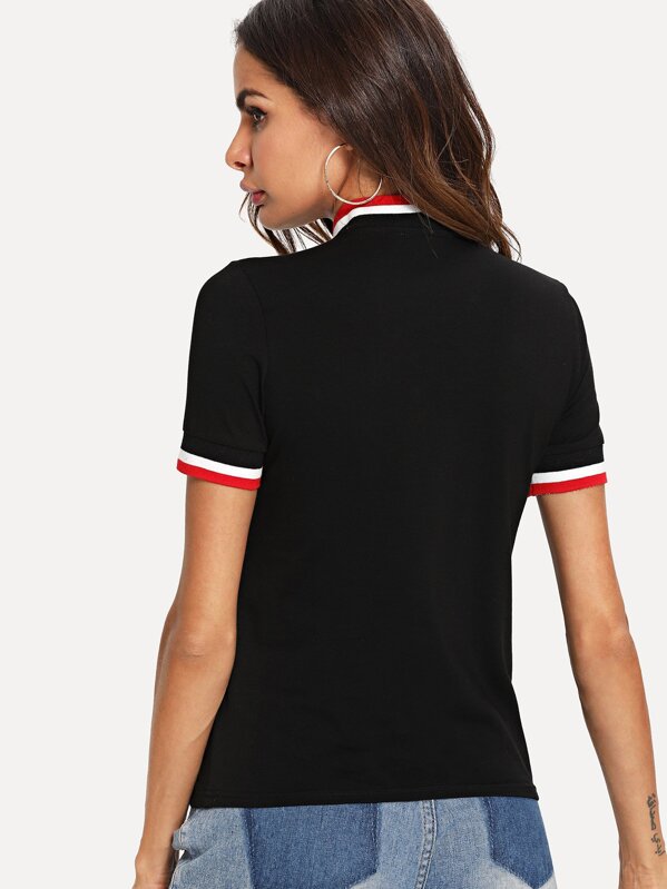 Striped Trim O-Ring Half Zip Tee
