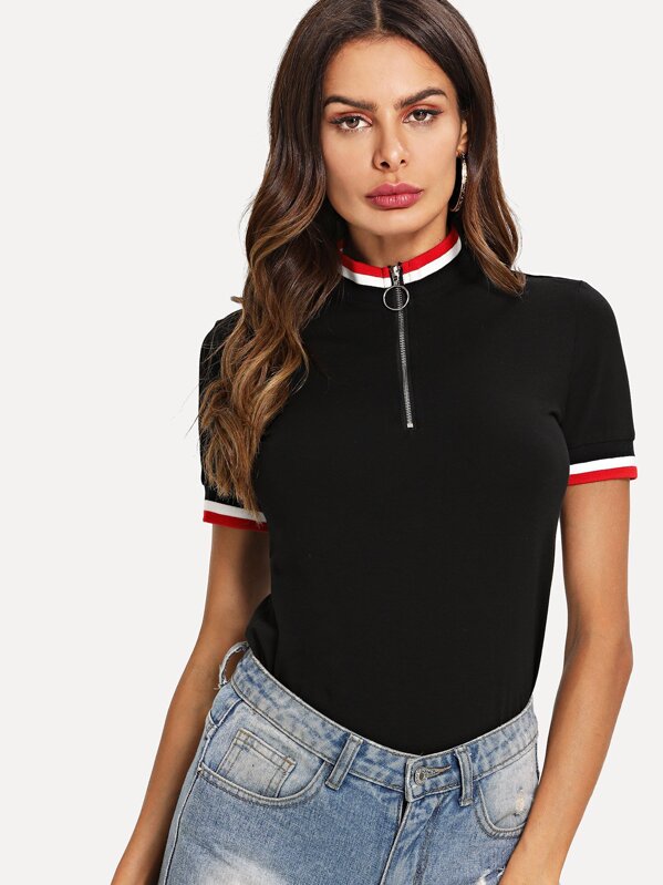 Striped Trim O-Ring Half Zip Tee