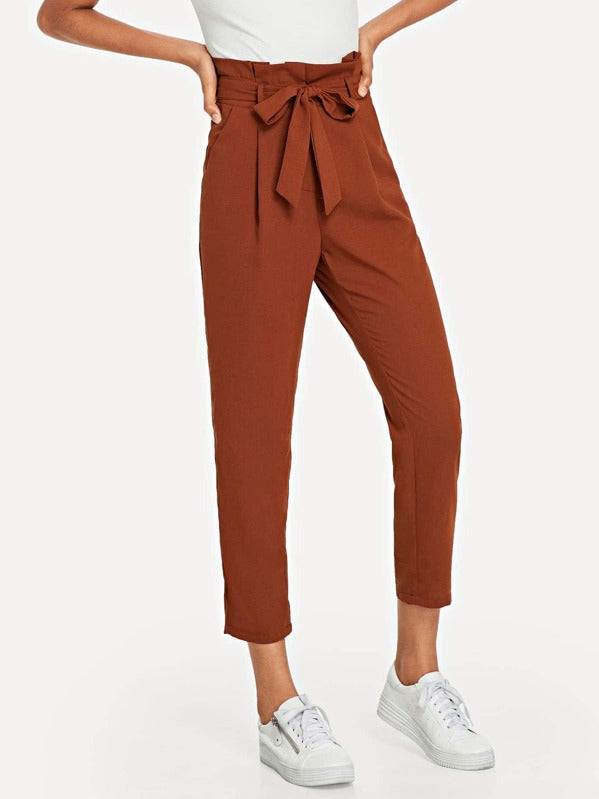 Ruffle Detail Belted Pleated Trousers