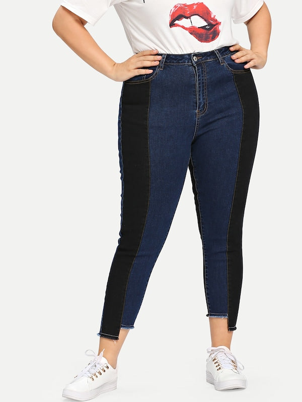 Plus Size Two Tone Stepped Hem Jeans