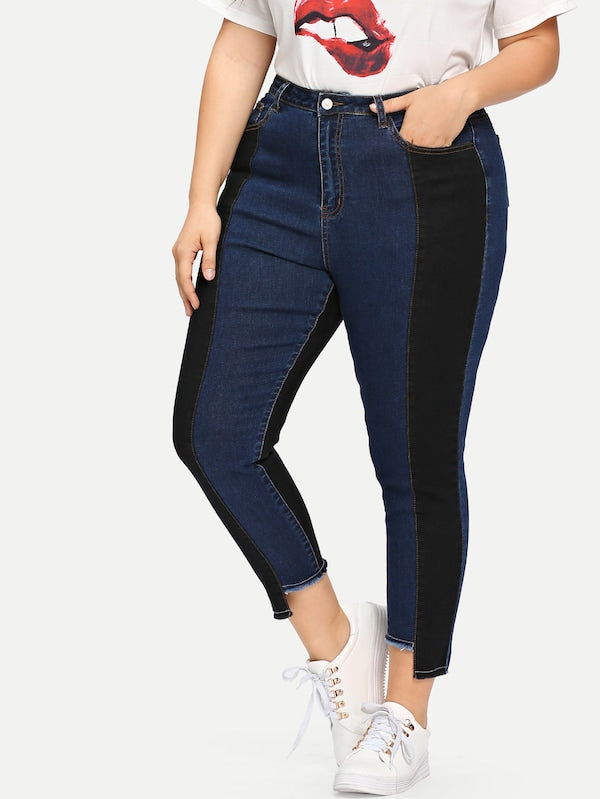 Plus Size Two Tone Stepped Hem Jeans