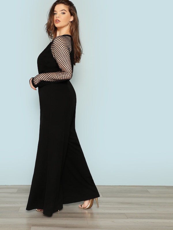Plus Size Fishnet Sleeve Wide Leg Jumpsuit
