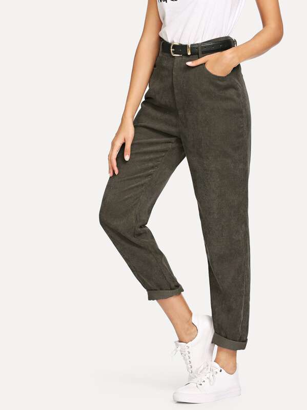 Solid Corduroy Trousers Without Belt