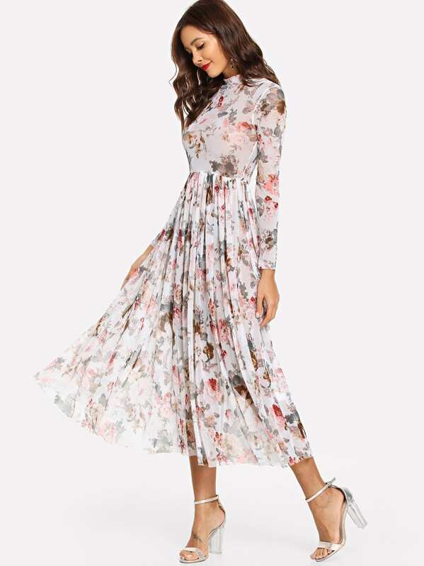 Mock Neck Semi Sheer Midi Floral Dress