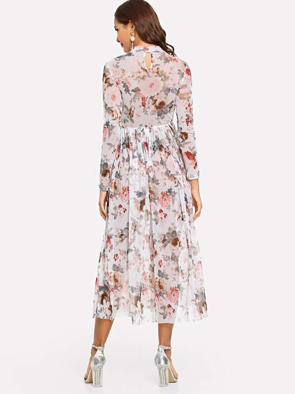 Mock Neck Semi Sheer Midi Floral Dress