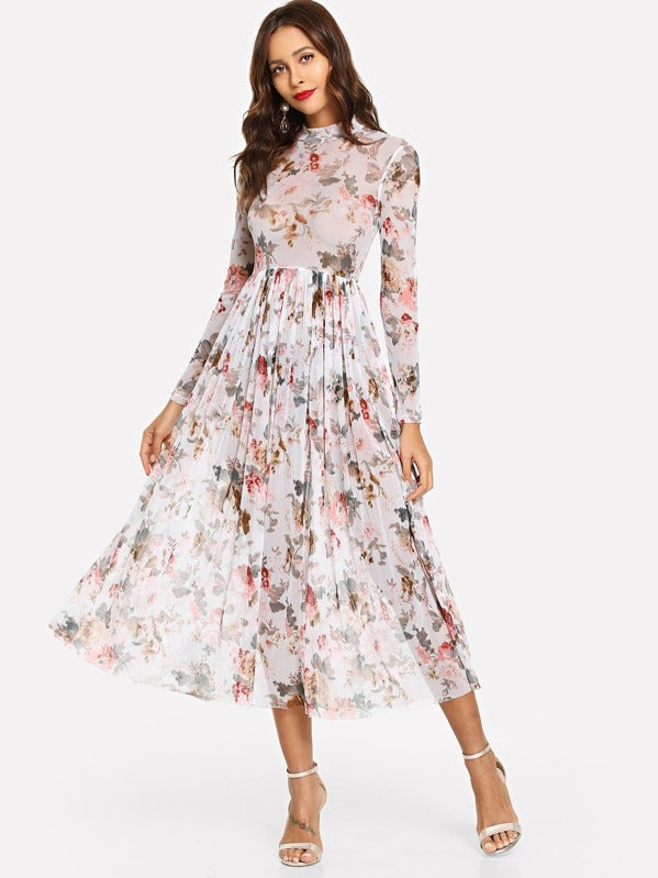 Mock Neck Semi Sheer Midi Floral Dress