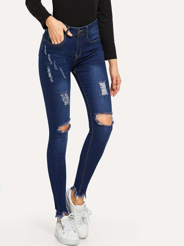 Knee Rips Raw Hem Skinny Jeans